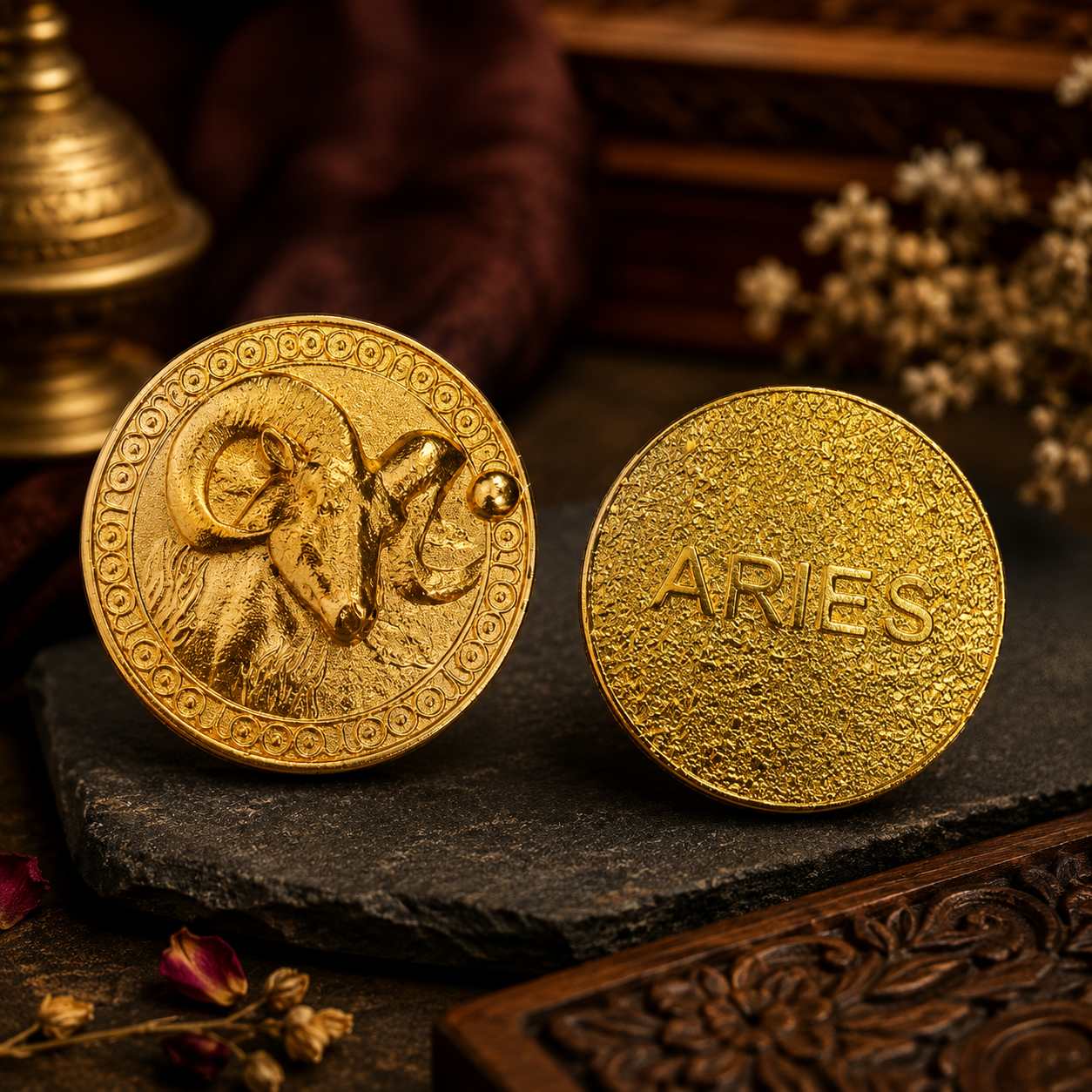 Aries (Mesh Rashi) Gold Plated Zodiac Coin – Rashi Sikka for Tijori, Purse &amp; Puja | Energized &amp; Siddh