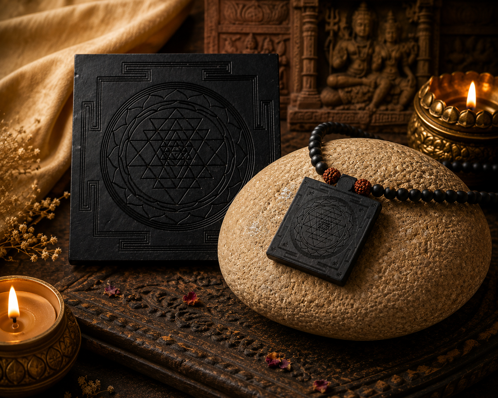 Karungali Shri Yantra Combo – Shri Yantra + Shri Yantra Mala in Black Ebony for Wealth, Vastu & Prosperity