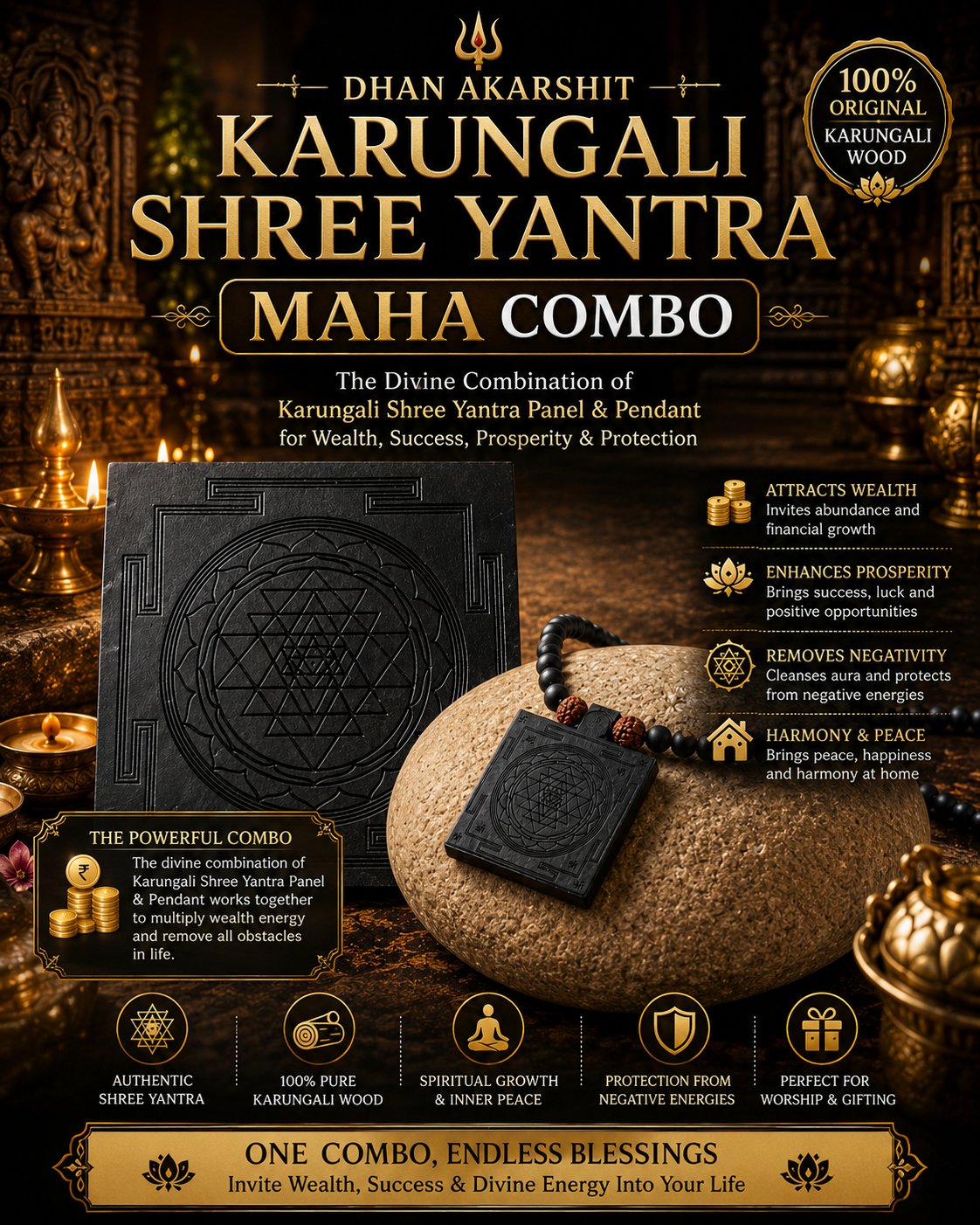 Karungali Shri Yantra Combo – Shri Yantra + Shri Yantra Mala in Black Ebony for Wealth, Vastu & Prosperity