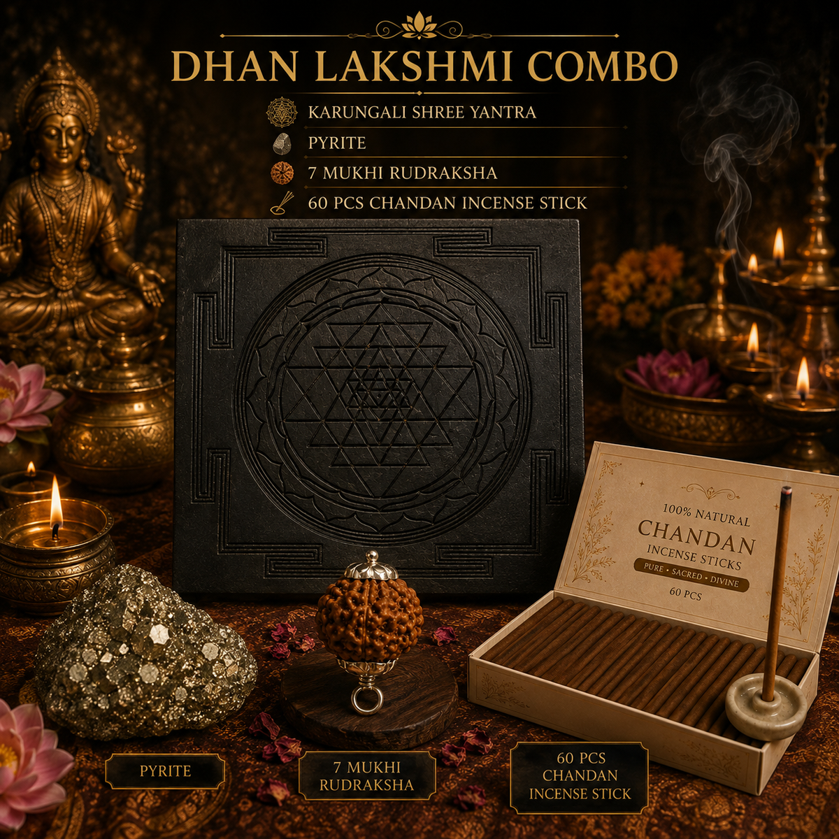 Dhan Lakshmi Combo — Karungali Shri Yantra + 7 Mukhi Rudraksha + Raw Pyrite + Chandan Incense Sticks (60 Sticks) | Energized & Siddh