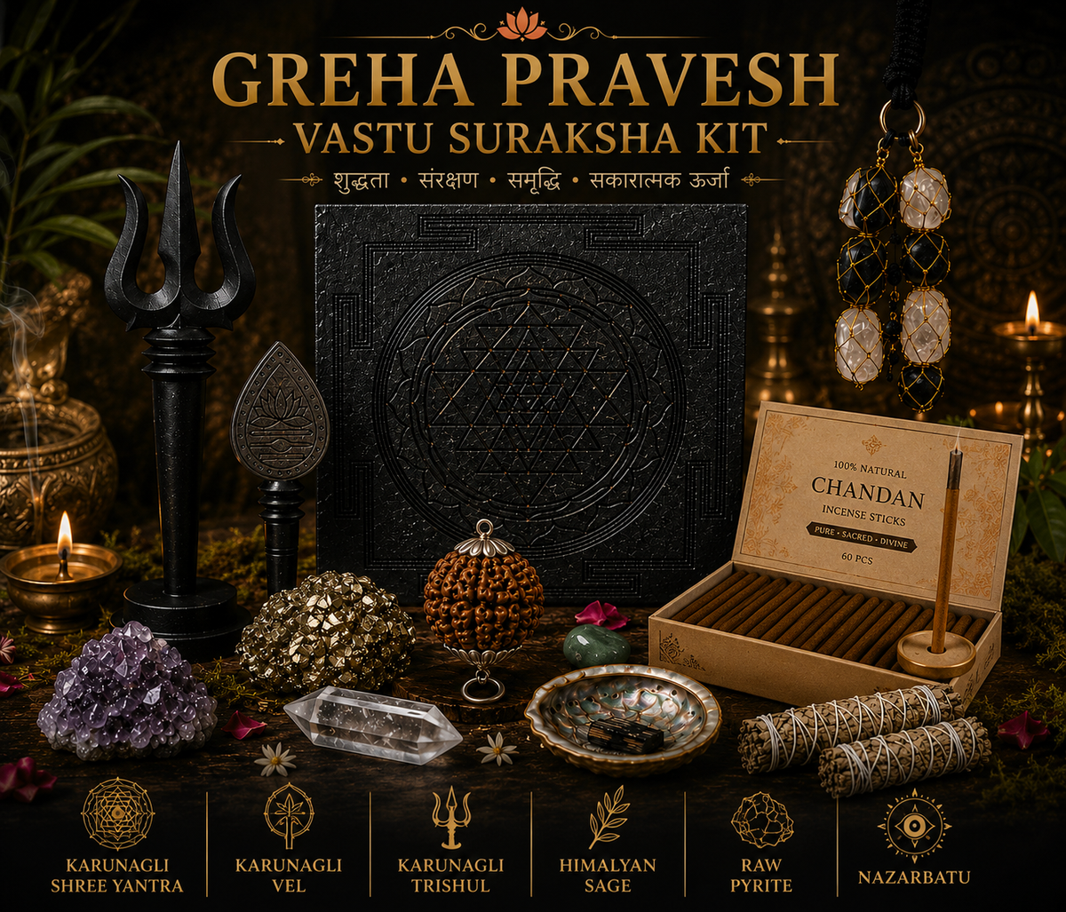 Griha Pravesh Vastu Suraksha Kit — Karungali Shri Yantra + Vel + Trishul + Himalayan Sage + Raw Pyrite + Nazar Battu | Complete New Home & Shop Protection Combo | Energized & Siddh