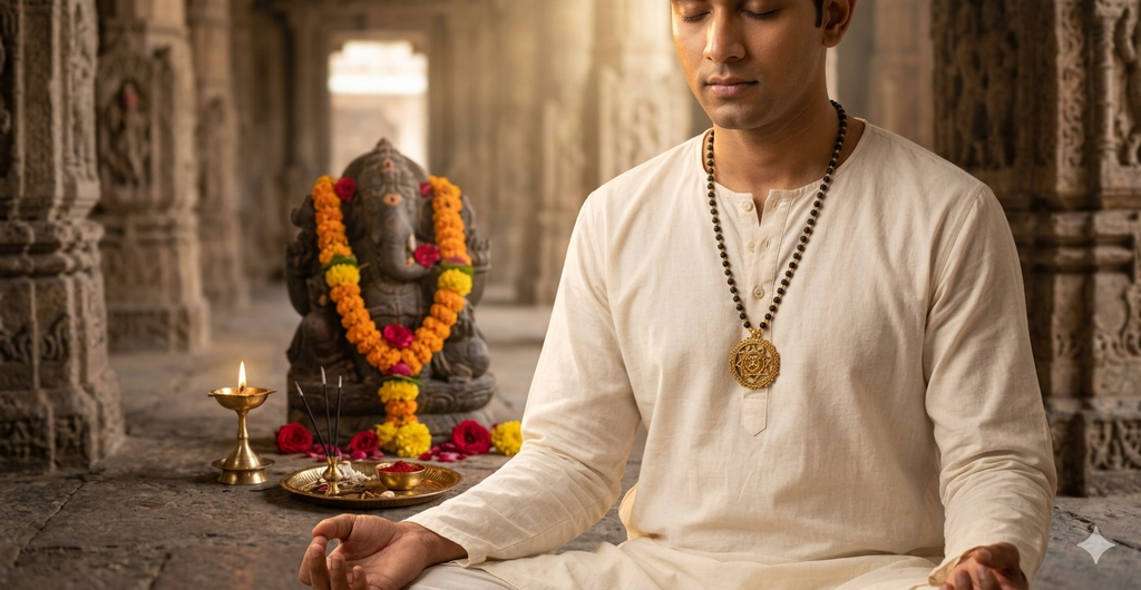 Karungali Mala with Hanuman Pendant – Gold Plated