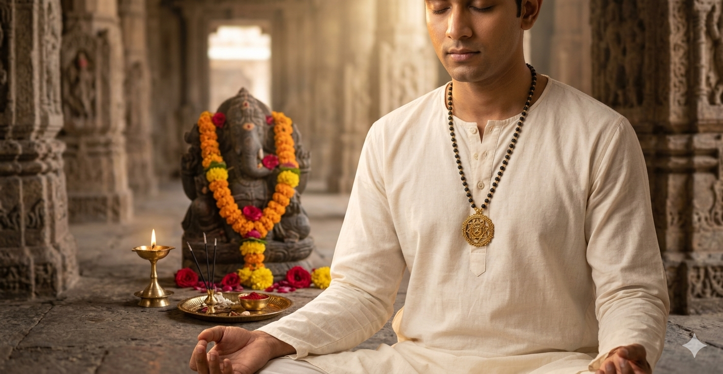 Karungali Mala with Hanuman Pendant – Gold Plated
