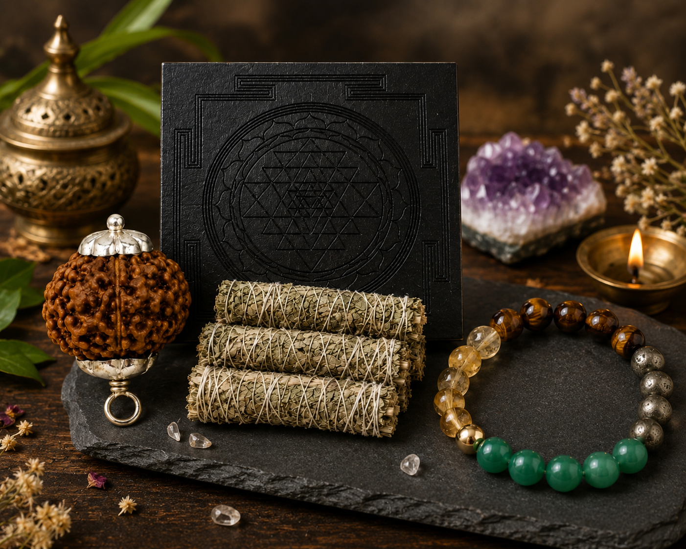 Dhan Varsha Kit — Karungali Shri Yantra + Money Magnet Bracelet + 7 Mukhi Rudraksha + Himalayan Sage | Complete Wealth & Prosperity Combo for Home, Shop & Office | Energized & Siddh