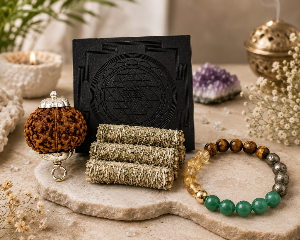 Dhan Varsha Kit — Karungali Shri Yantra + Money Magnet Bracelet + 7 Mukhi Rudraksha + Himalayan Sage | Complete Wealth & Prosperity Combo for Home, Shop & Office | Energized & Siddh