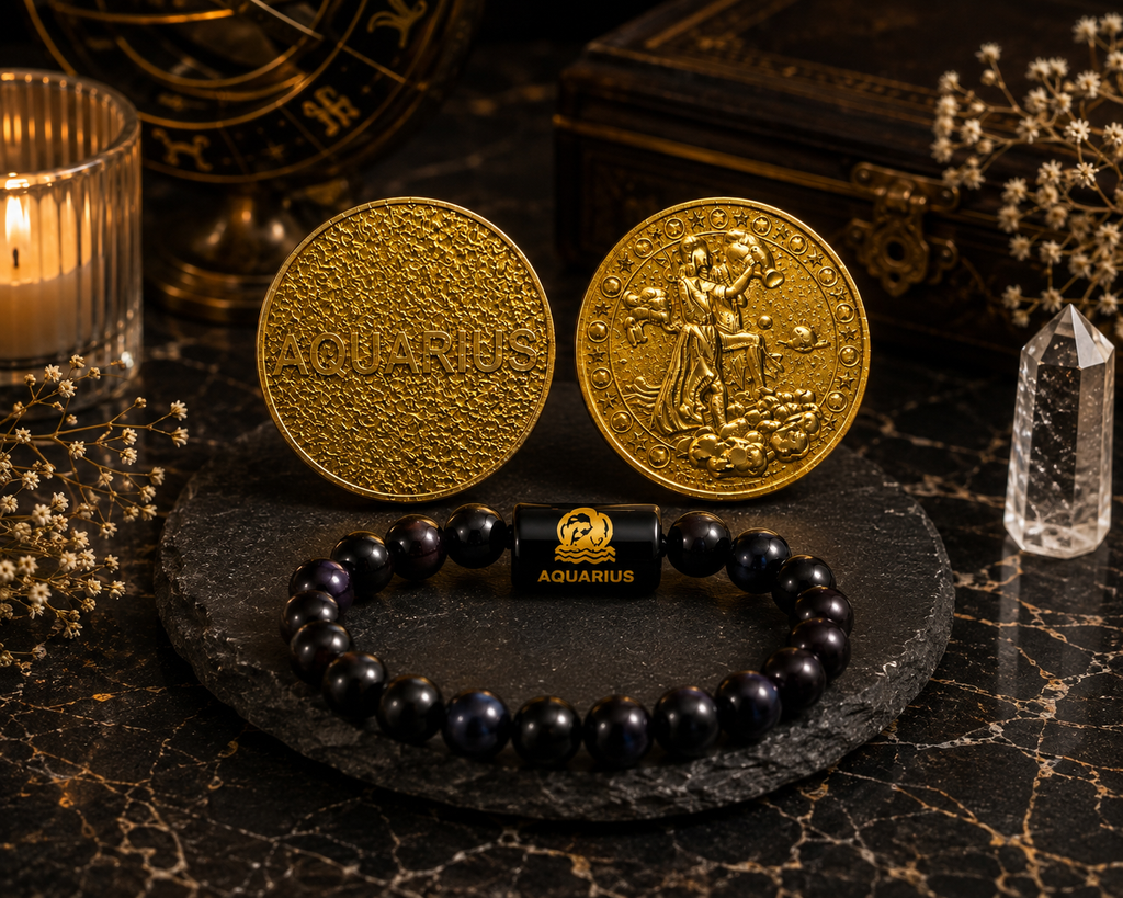 Aquarius (Kumbha Rashi) Bracelet with FREE Gold Plated Aquarius Zodiac Coin | Energized & Siddh