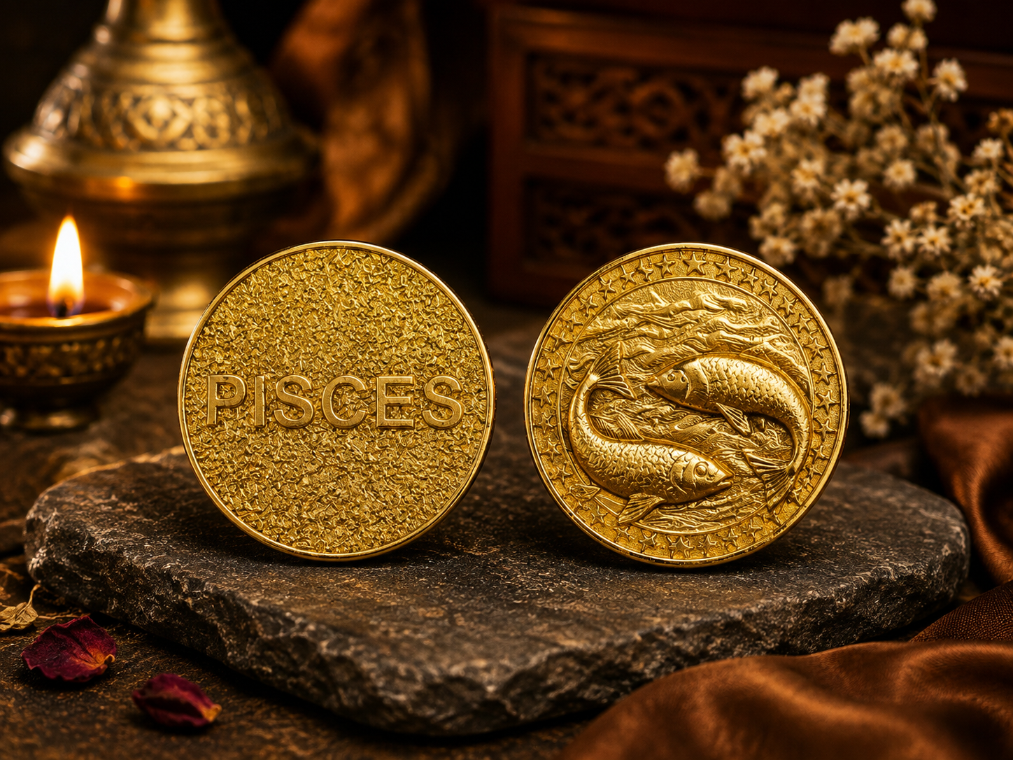 Pisces (Meen Rashi) Gold Plated Zodiac Coin – Rashi Sikka for Tijori, Purse &amp; Puja | Energized &amp; Siddh