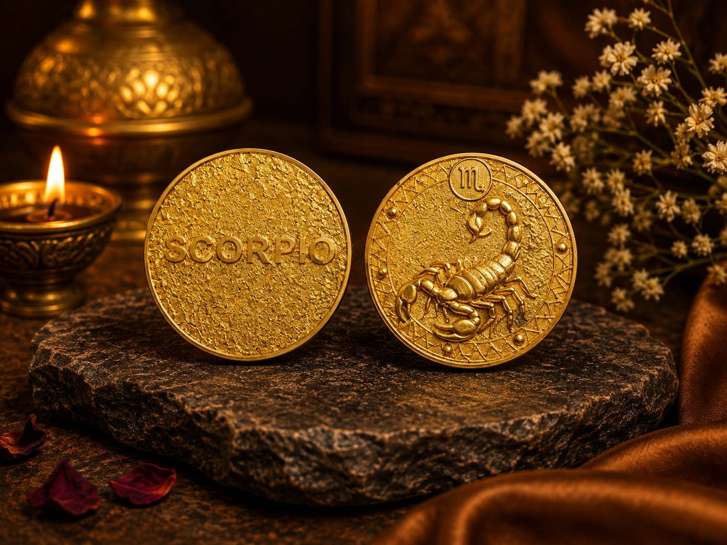 Scorpio (Vrishchika Rashi) Gold Plated Zodiac Coin – Rashi Sikka for Tijori, Purse &amp; Puja | Energized &amp; Siddh