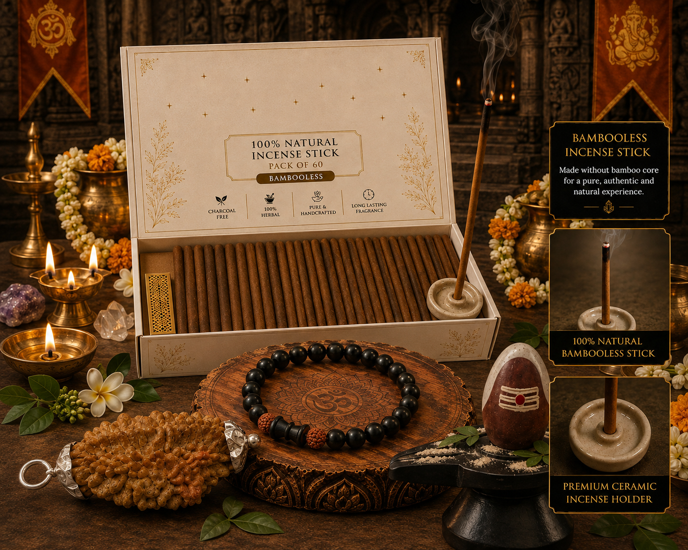 Shiv Kripa Combo — Narmada Shivling + Karungali Rudraksha Damru Bracelet + 2 Mukhi Rudraksha + Chandan Incense Sticks (60 Sticks) | Complete Shiva Puja Set | Energized & Siddh