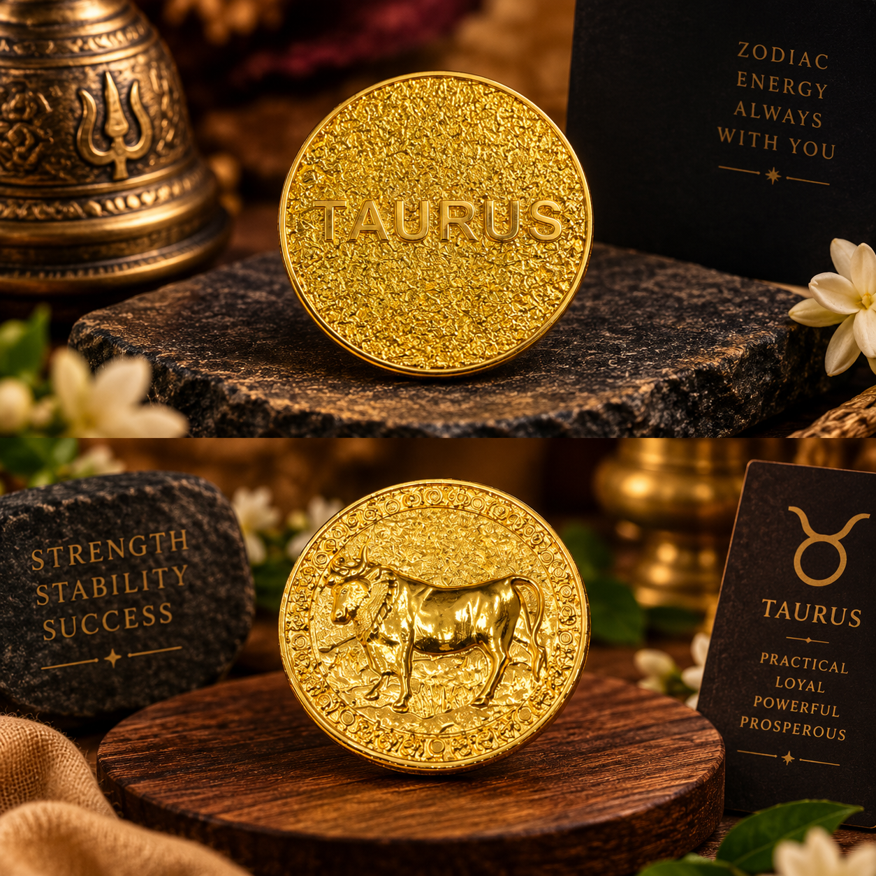 Taurus (Vrishabha Rashi) Gold Plated Zodiac Coin – Rashi Sikka for Tijori, Purse &amp; Puja | Energized &amp; Siddh